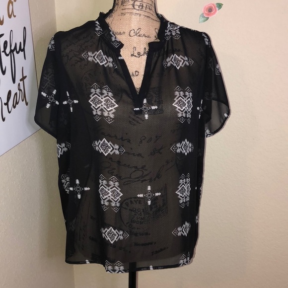 Umgee Tops - Umgee Black Shirt with White Aztec Design Sheer Top V Neck Size Small